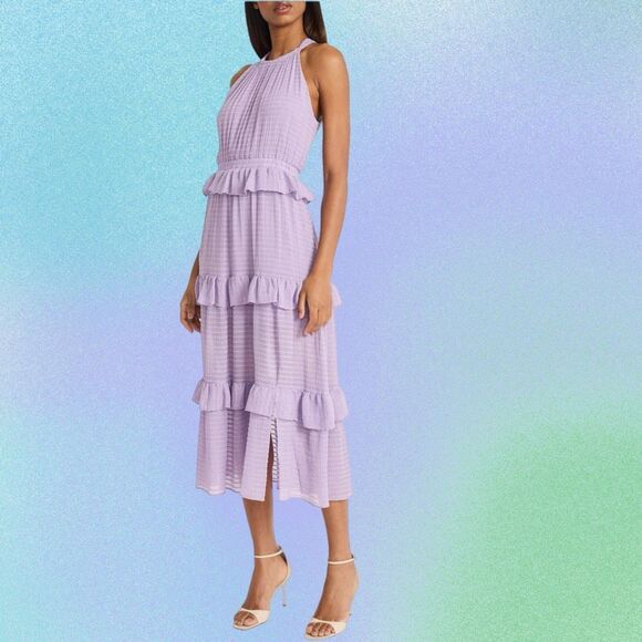 NWT Donna Morgan Lilac halter neck ruffled tiered midi dress. Size 4 - Picture 2 of 13